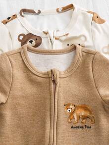 Cozy Pixies Newborn Baby Boy Cartoon Bear Pattern Knitted Soft Crew Neck Long Sleeve Footie & Pants 2 Pieces Set Fall Winter