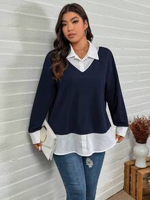 SHEIN LUNE 大码女式蓝白撞色领两件套上衣，感恩节新年冬季狂欢海军蓝上衣 - 藏蓝色 - 查看 6