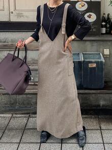 FRIFUL Vestido holgado de mujer a cuadros con tirantes, vestido maxi - Gris - Ver 4