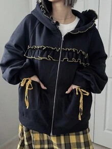 FRIFUL Women's Casual Ruffled Zip-Up Sweatshirt, Autumn Jacket - Navy Blue - View 3