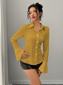 Chiquease Women's Casual Elegant Daily Versatile Cinched Waist Bell Sleeve White Striped Shirt, Autumn/Winter