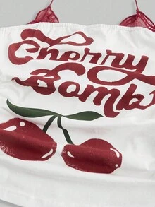 ROMWE 2 件樱桃印花和朋克藤蔓印花撞色蕾丝露背大码紧身背心套装 - 彩色 - 查看 8