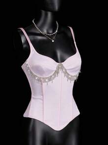 SHEIN ICON 女士粉色水晶吊坠流苏文胸吊带背心，适合派对和休闲场合 - 粉色 - 查看 1