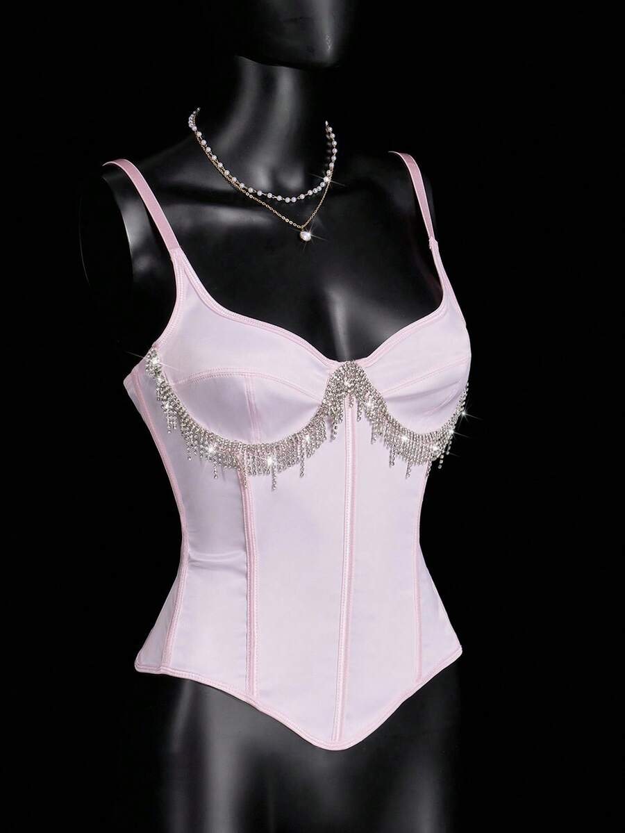 SHEIN ICON 女士粉色水晶吊坠流苏文胸吊带背心，适合派对和休闲场合 - 粉色 - 查看 1