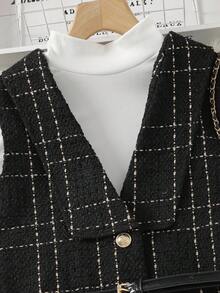 SHEIN Teen Girl Elegant Collared T-Shirt And Plaid Sleeveless Midi Coat Set - Multicolor - View 3