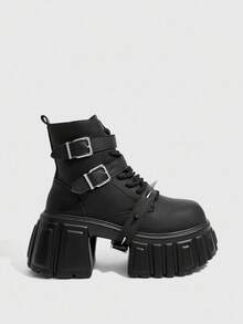 Daringsoles 时尚百搭舒适厚底女靴，增高厚底粗跟，街头风摩托车防滑英伦风系带铆钉踝靴，圣诞节必备 - 黑色 - 查看 3