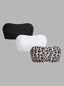 Swim SXY Plus Size 3pcs Set: Solid & Leopard Print Tube Top Swimwear Top Summer