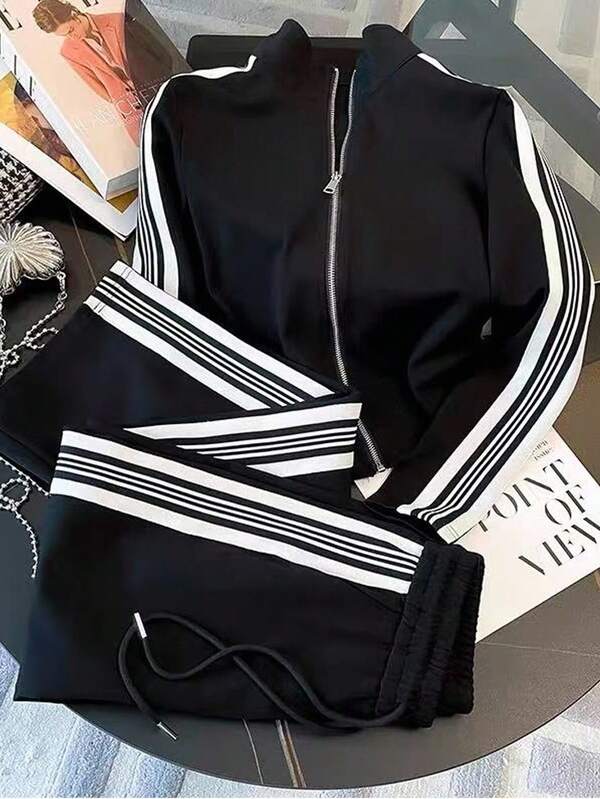 Resyla 2 peças de jaqueta e calça listradas contrastantes