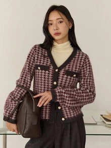 Dazy-Less Women's Elegant Plaid Cardigan Sweater, Casual Style, Autumn/Winter Business Casual Woman - Grey - View 6