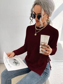 EMERY ROSE Áo len dài tay cổ tròn tối giản màu trơn dành cho nữ - Màu Đỏ Sâu - Xem 5