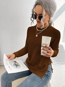 EMERY ROSE Casual Solid Color Side Slit Lace-Up Sweater - Brown - View 6