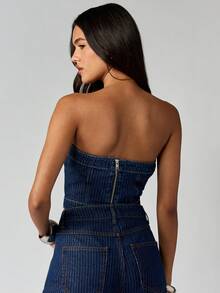 MISSGUIDED Cotton Pinstripe Denim Bandeau Crop Top Strapless Festival Summer Concert Tube Top - Blue - View 2
