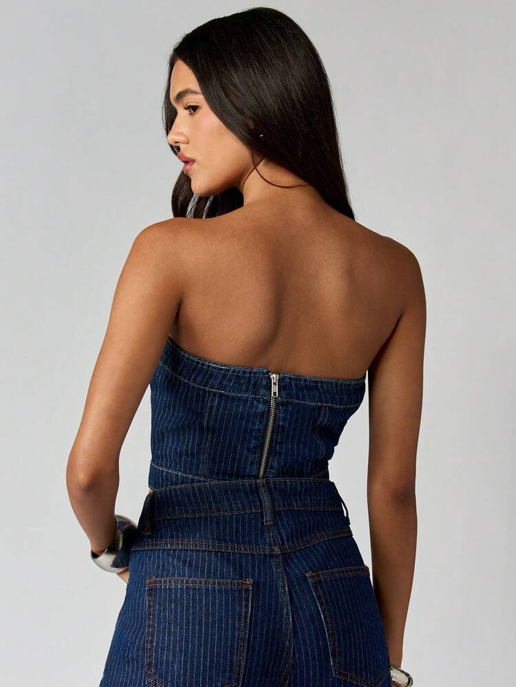 MISSGUIDED Top Bandeau Cropped de Algodão com Listras Finas em Denim, Sem Alças, para Festivais e Verão