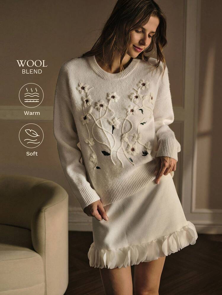 EMBROIDERY APPLIQUES DROP SHOULDER SWEATER