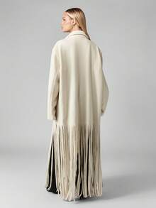 MISSGUIDED Áo khoác mùa đông dáng rộng cho nữ, dài ngang gối, có chi tiết tua rua, kiểu dáng maxi, thanh lịch, nổi bật cho buổi tối, sang trọng, thời thượng, thuộc bộ sưu tập Thu Đông. - Màu be - Xem 2