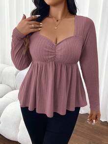 SHEIN Frenchy Áo thun tay dài vải trơn cổ tim cỡ lớn mùa thu - Gỗ đỏ - Xem 6