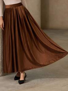 Aveloria Rosie French Classic Caramel Coffee Autumn/Winter High Waist Pleated Skirt - Coffee Brown - View 4