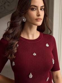 ZEYLAH 2pcs Set: Rhinestone Embellished Crew Neck Top & Skirt, Elegant Autumn/Winter - Burgundy - View 2