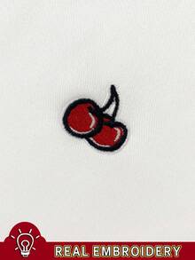 SHEIN 女式樱桃刺绣连帽口袋宽松休闲运动衫 - 白色 - 查看 4