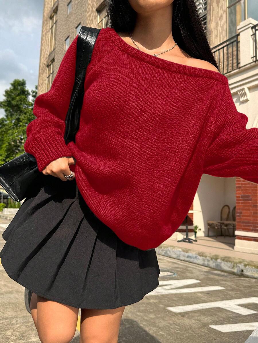 SHEIN EZwear 女士纯色斜肩插肩袖休闲宽松针织毛衣，秋冬 - 紅色 - 查看 1