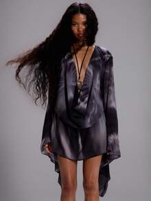 MUSERA 深V露背抽象印花喇叭袖迷你连衣裙，性感外出秋季优雅反乌托邦派对春夏度假风 - 彩色 - 查看 5