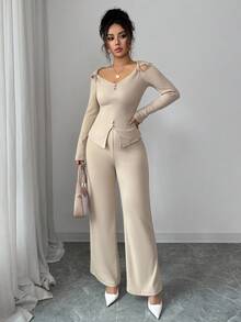 Elenzga New Stylish Elegant V-Neck Off-Shoulder Asymmetrical Hem Long Sleeve Top And Straight Leg Pants Women 2-Piece Set, Autumn - Khaki - View 6