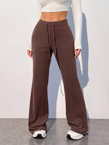 SHEIN EZwear 女士休闲保暖棕色长裤，秋季款 - 咖啡棕 - 查看 4