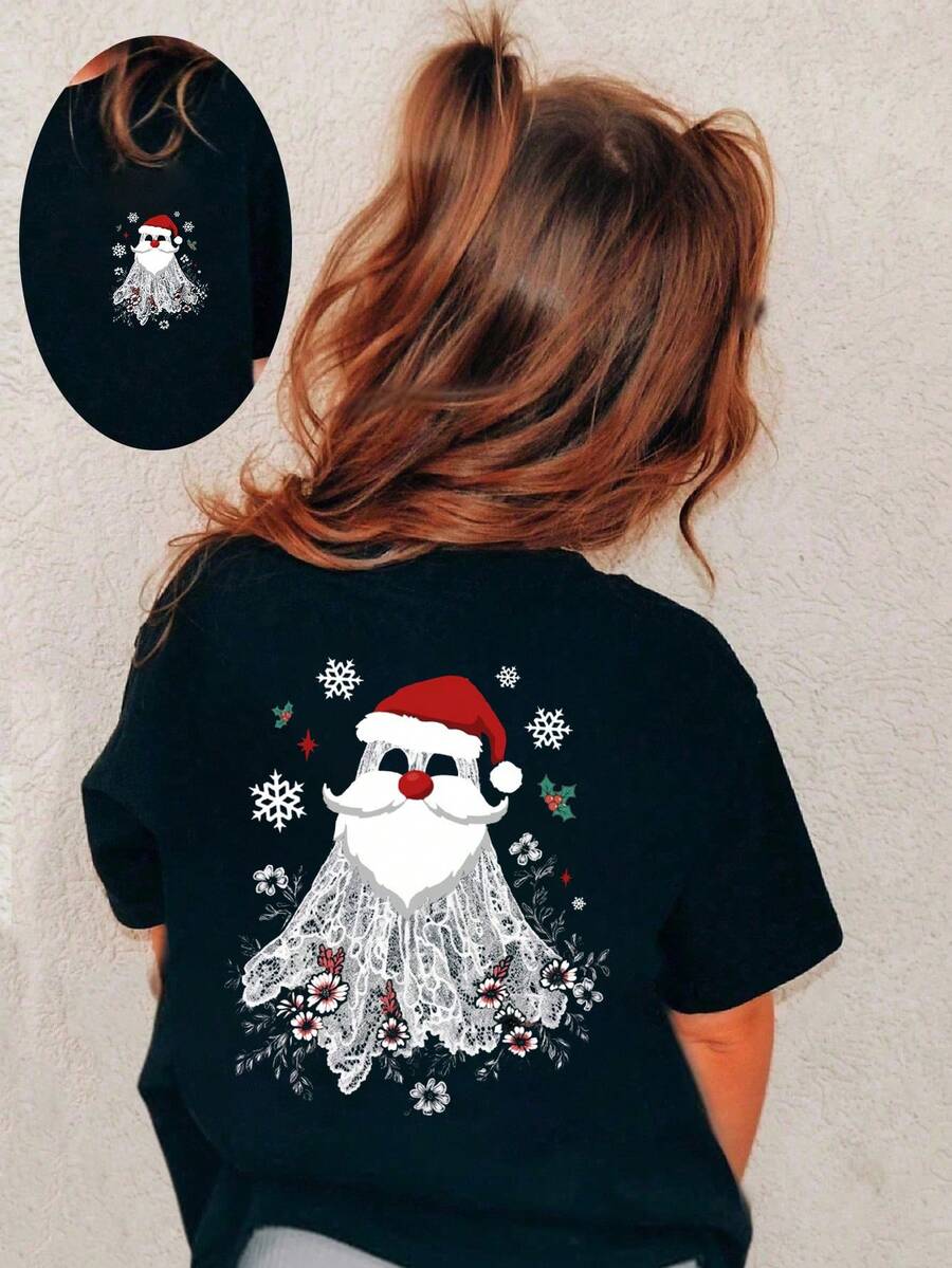 Christmas Print Round Neck Short Sleeve T-Shirt, Casual Everyday Wear For Young Girls