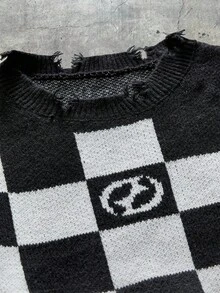 AXEPEAK Pull tricoté décontracté à carreaux colorblocks et délavé pour hommes, automne/hiver - Noir et Blanc - Voir 3