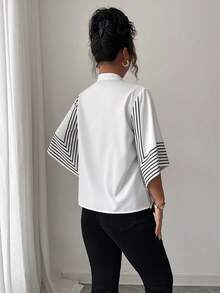 SHEIN Tall Patră asimetrică în față, linii geometrice alb-negru, bluză franceză elegantă și versatilă, cu mânecă medie, pentru naveta zilnică, toamnă