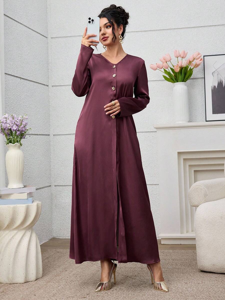 Al Najma Fashionable Arabic Abaya, Casual Daily Commute, Metal Buckle Slit Abaya Modest For Women Long Modest - Burgundy - View 1