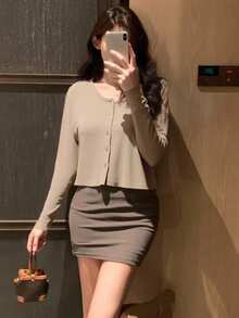 DAZY 女式休闲日常纯色宽松开襟长袖T恤秋季上衣 - 卡其色 - 查看 5