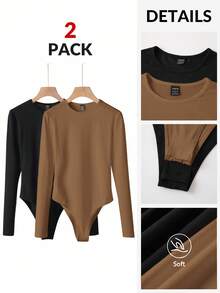 SHEIN BASICS 2件套休闲纯色针织圆领长袖女式紧身衣 - 彩色 - 查看 3