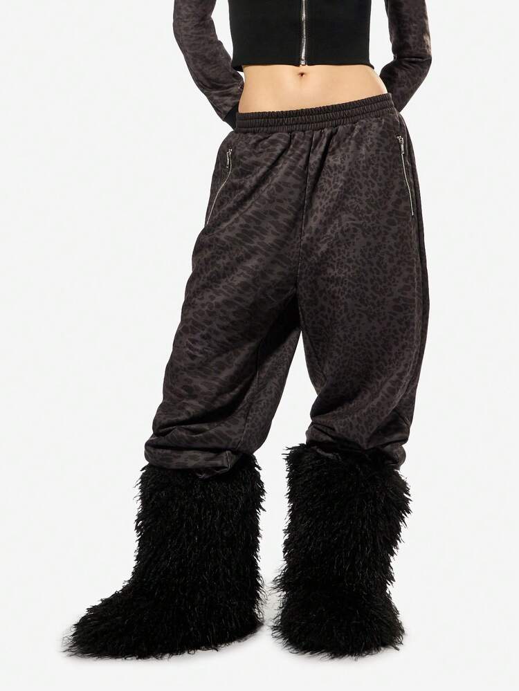 SUMWON WOMEN Leopard Print Fleece Joggers With Hood