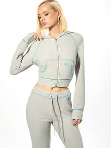 SUMWON WOMEN Waffle Knit Flare Pants With Drawstring Waist And Contrast Trim For Casual Loungewear - Grey - View 6