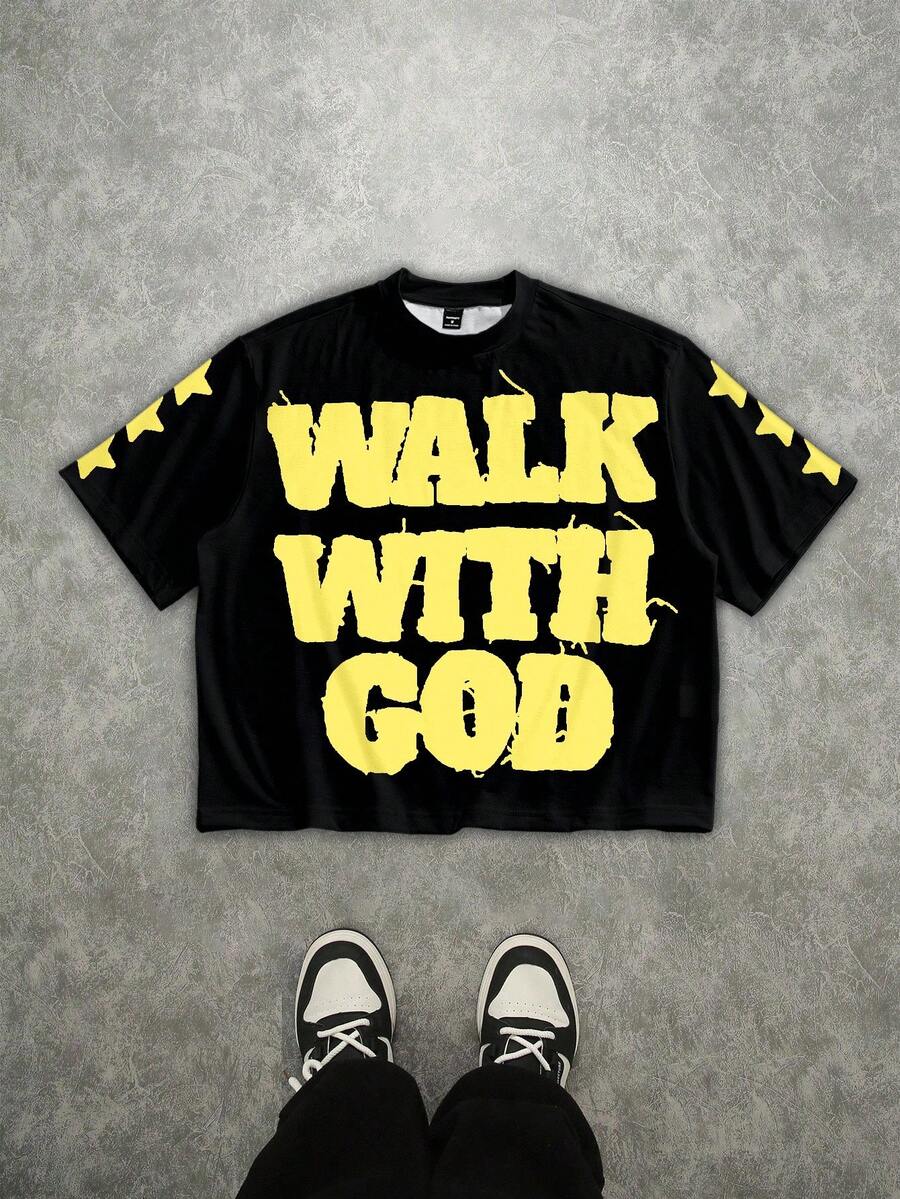 Manfinity Roghcode Camiseta de manga corta con cuello redondo, estampado gráfico de letras y ajuste holgado para hombre - Negro - Ver 1