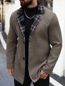 Manfinity Homme Men's Plaid Patchwork Long Sleeve Jacket, Fashionable For Autumn/Winter - Khaki - View 4