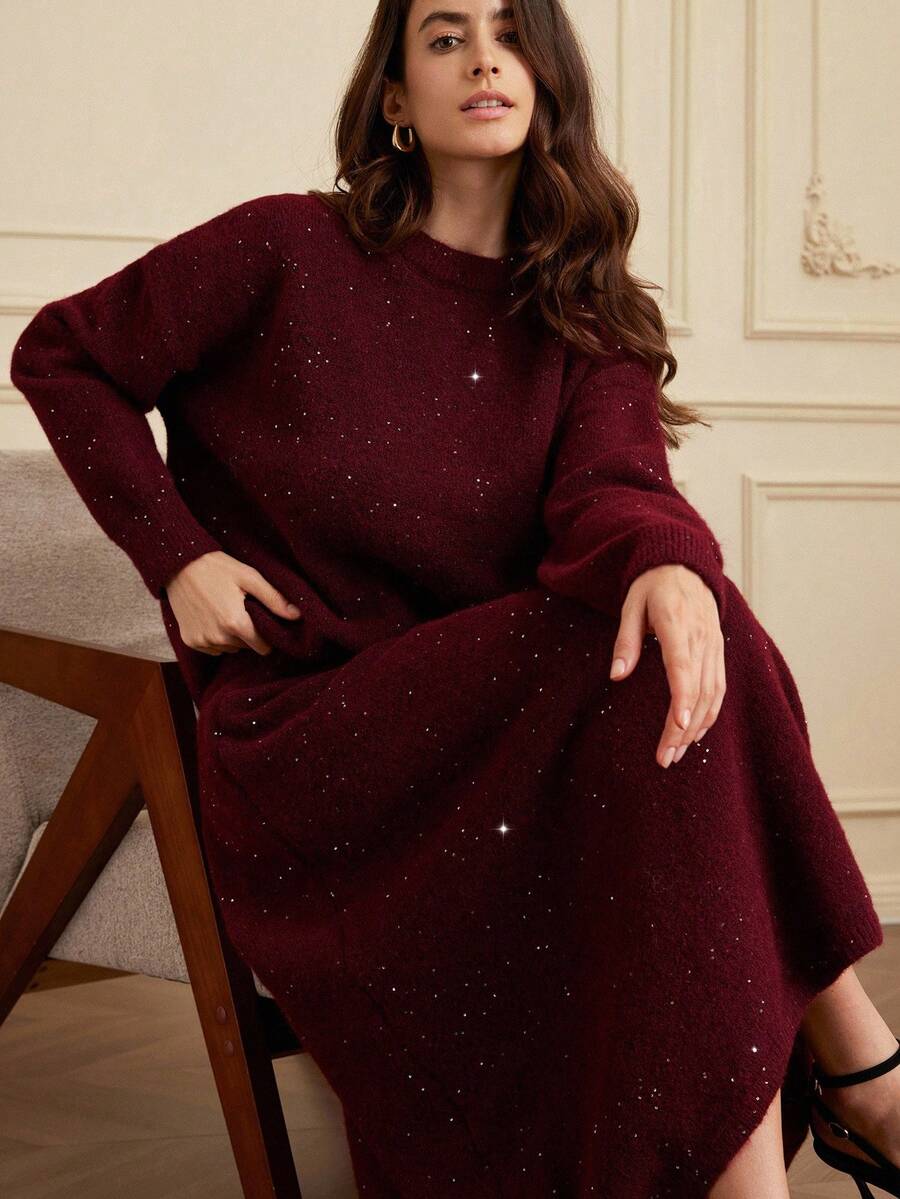 Aveloria Rosie 勃艮第酒红色闪亮亮片混纺休闲优雅百搭长款毛衣和中裙两件套，秋冬 - 酒紅色 - 查看 1