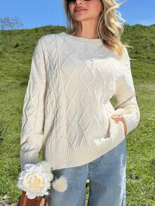 EURMUSE Pull décontracté à col rond avec tricot torsadé - Nude - Voir 1