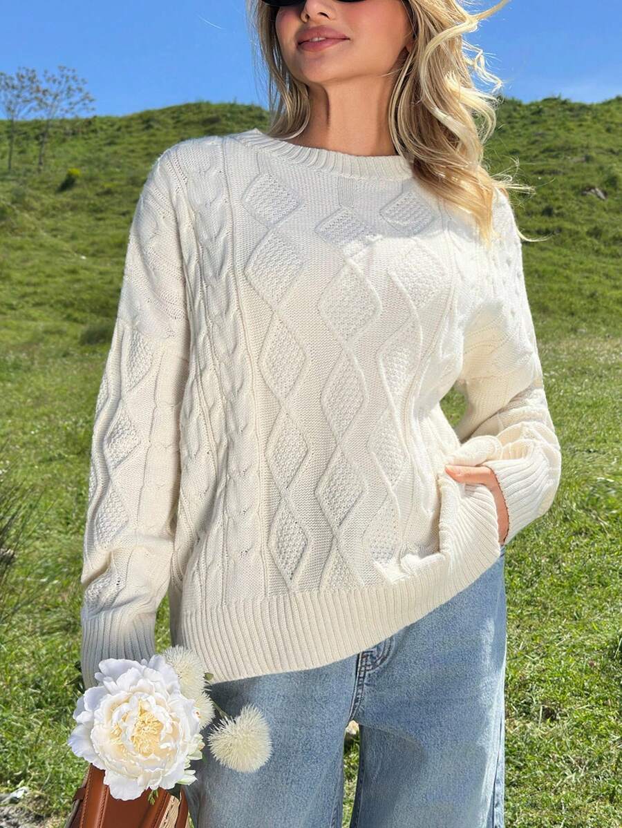 EURMUSE Pull décontracté à col rond avec tricot torsadé - Nude - Voir 1