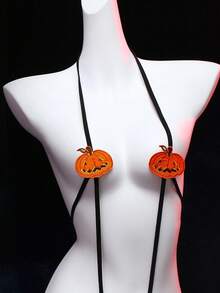 4 件性感万圣节角色扮演南瓜刺绣镂空透明交叉女式内衣服装，黑色和橙色 - 橘色 - 查看 7