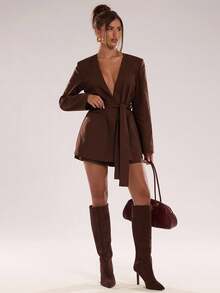 SHEIN BAE Women's Solid Color Regular Shoulder Long Sleeve Crossed Wrap Fashion Blazer,Fall Clothes For Women,Autumn Clothing For Women ,Winter Clothes For Women, Halloween,Christmas,New Year,Brown Suit With Shorts, Casual, Commuting, Brown Two Piece Set Women