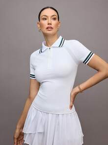 Activina Camisa polo esportiva feminina com gola polo e manga curta e contraste de cores - Branco - Ver 6