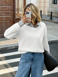 Chiquease 女式休闲条纹拼布宽松套头衫，秋季 - 杏色 - 查看 4