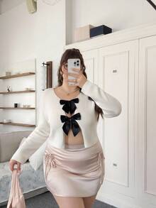 Comfortcana 大码圆领蝴蝶结撞色休闲开衫，秋冬 - 白色 - 查看 10