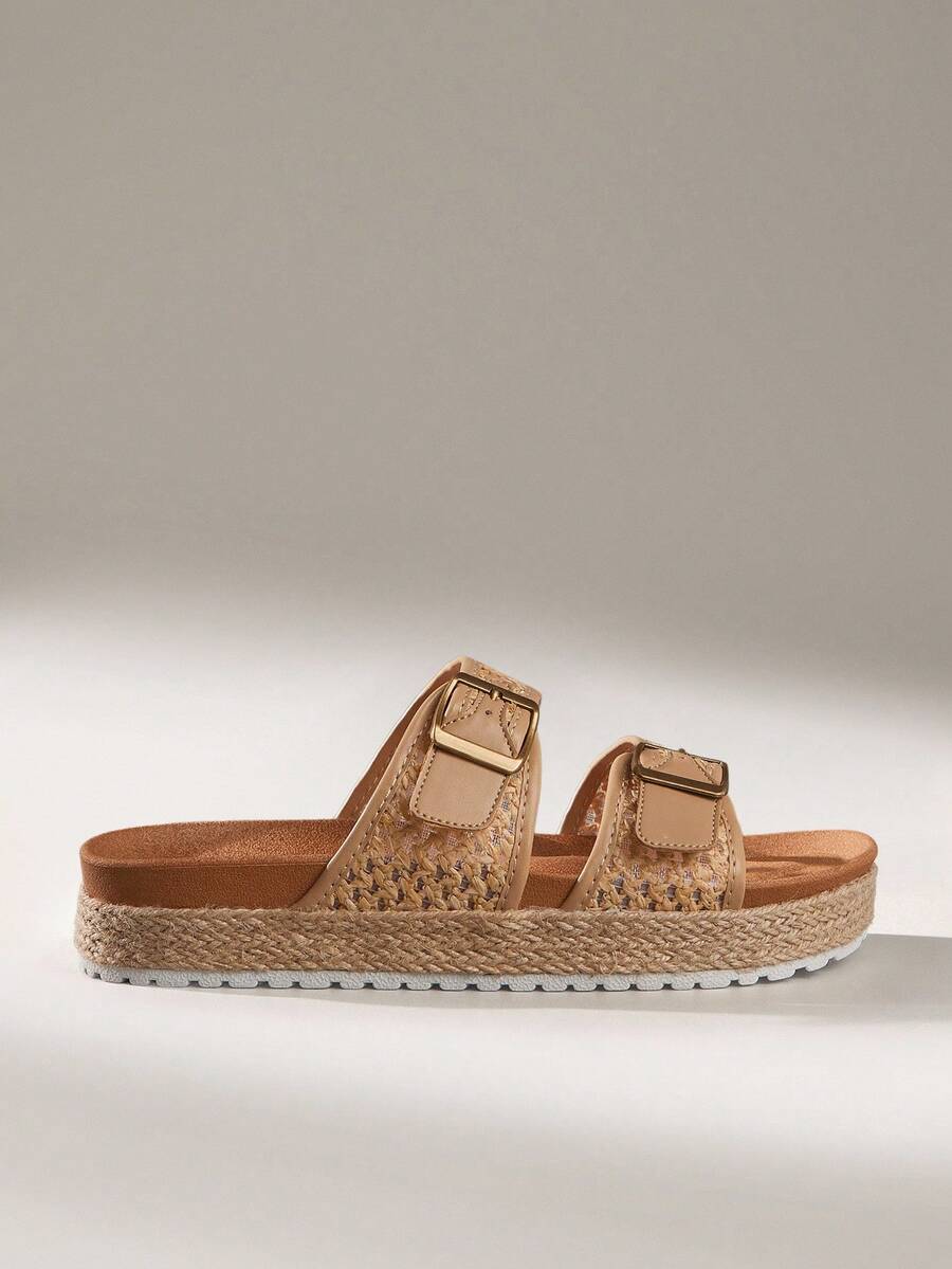 Solecia Women's Straw Woven Round Toe Flat Thick Sole Casual Vacation Beach Holiday Party Afternoon Tea Slip-On Sandals, Apricot - Apricot - View 1