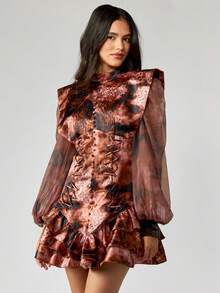 MISSGUIDED Renaissance Mini Dress Statement Shoulder Pads Chiffon Bishop Sleeves Victorian Style Corset Waist Tie Dye Ruffled Party Fashion - Multicolor - View 5