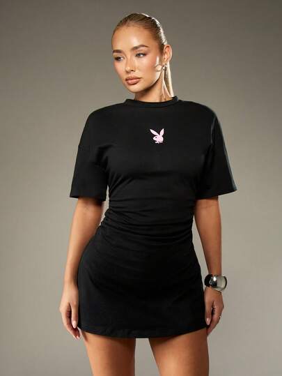 Missguided x Playboy Oversized T-Shirt Dress With Cinched Waist And Logo  PrintMISSGUIDED