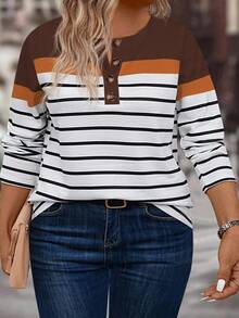 EMERY ROSE Women's Casual Colorblock Striped Print Plus Size T-Shirt, Autumn/Winter - Multicolor - View 4