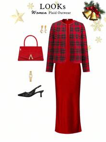 Ellevyn Women's Round Neck Long Sleeve Red Plaid Elegant Casual Outerwear, Suitable For Christmas, Holiday, Autumn/Winter Fall Clothes For Women Jacket Christmas